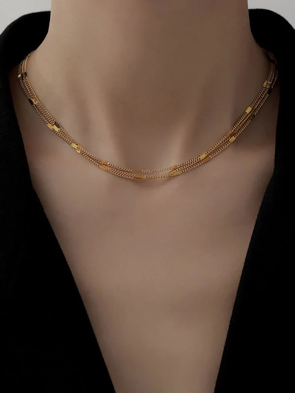 Ατσάλινο Κολιέ με Διπλή Λεπτή Αλυσίδα Επιχρυσωμένο 18K