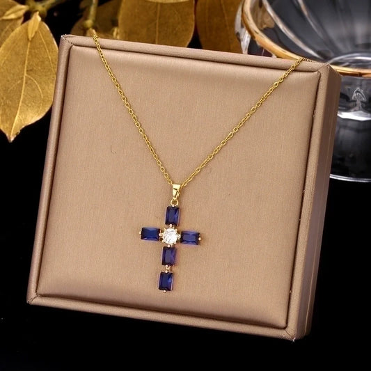 Ατσάλινο Κολιέ Σταυρός Επιχρυσωμένο 18K με Μπλε Πέτρες Ζιργκόν